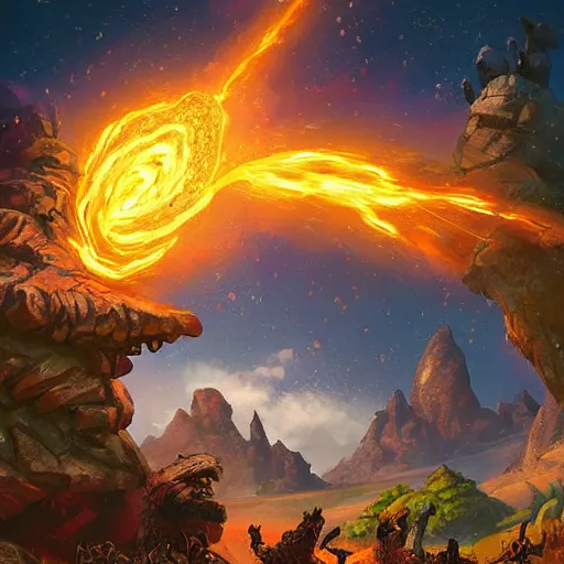 Image similar to giant fiery rocky asteroid rain, meteor shower, hearthstone art style, epic fantasy style art, fantasy epic digital art, epic fantasy card game art