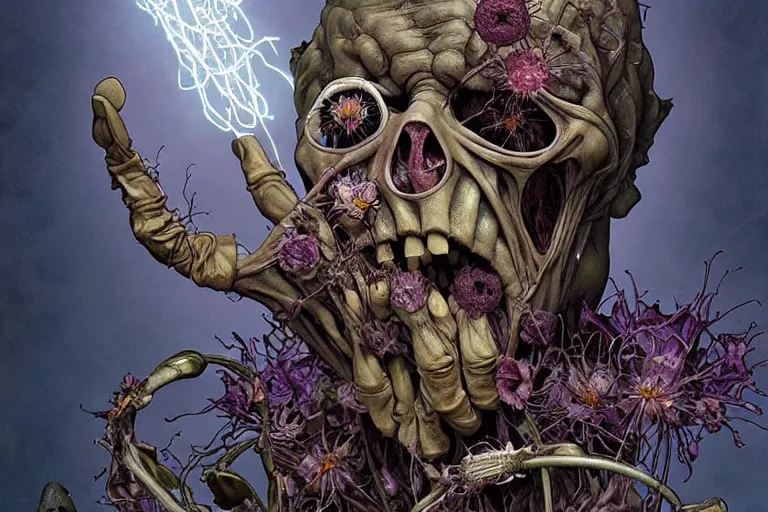 Image similar to the platonic ideal of flowers, rotting, insects and praying of cletus kasady ultimate carnage thanos dementor doctor manhattan chtulu nazgul davinci, detailed, intricate, hyperrealism, intense, scary, decay, dmt, art by brock hofer and artgerm and greg rutkowski and alphonse mucha