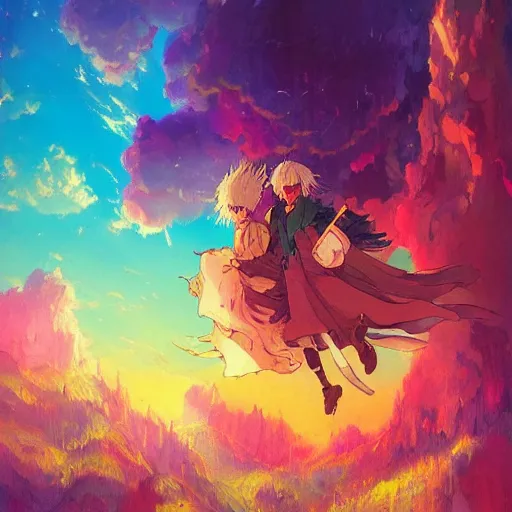 Image similar to howl's moving castle in the style of greg rutkowski, wlop, lisa frank and bob ross, beautiful composition, bright colors, anime