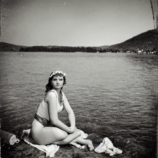 Image similar to greek goddess by a lake, vintage film photograph