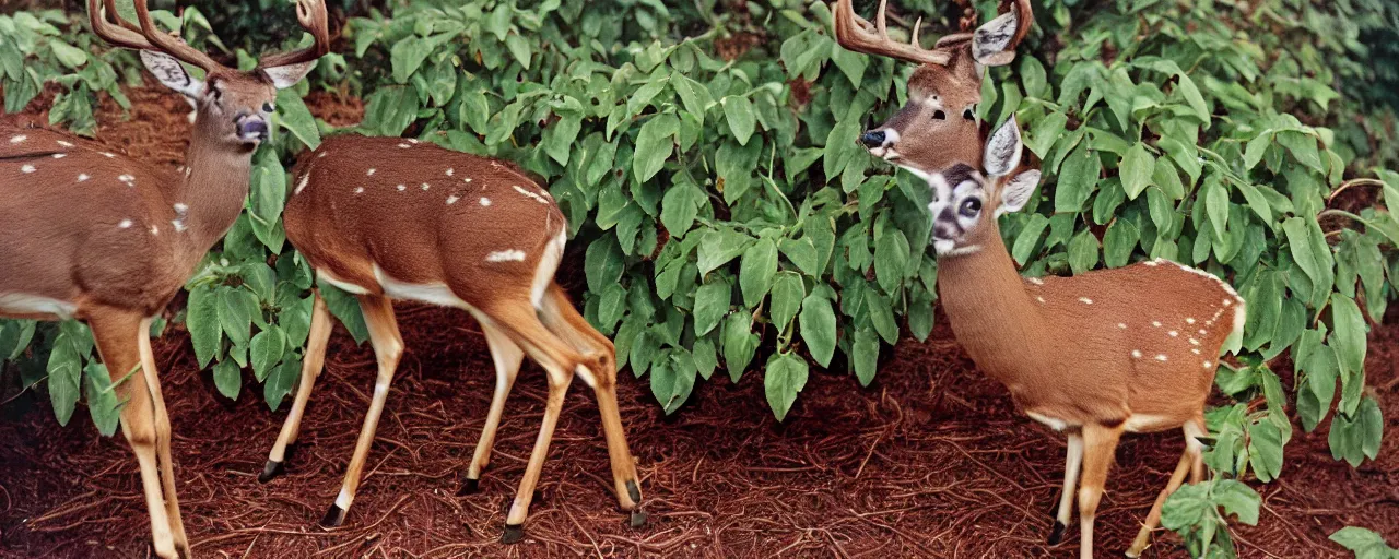 Image similar to deer eating spaghetti off a plant, in the style of national geographic, canon 5 0 mm, kodachrome, retro