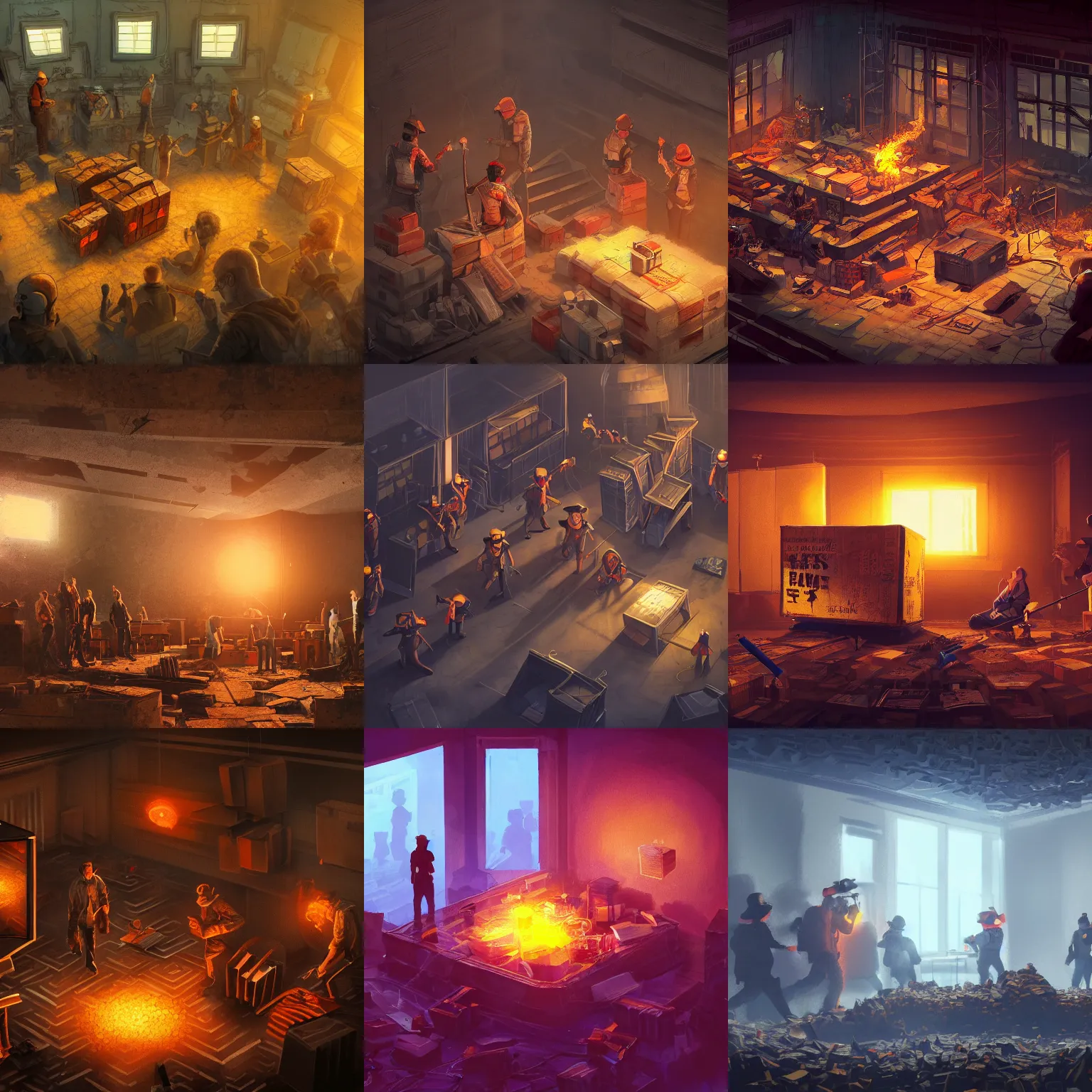 Prompt: a dangerous box full of dynamite in the middle of a room, worried consultants stand around the box, intricate, detailed, volumetric lighting, scenery, digital painting, highly detailed, artstation, sharp focus, illustration, concept art