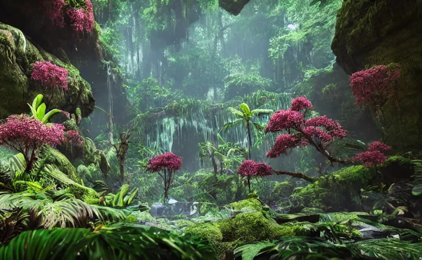 Image similar to a beautiful render of a dark prehistoric rainforest in a humongous cave, lush flora, patches of sky, magenta flowers, sunset, floating mountains and a waterfall in the background, intricate detail, hazy, humid, volumetric lighting, 8 k, photorealistic, raytracing effects, unreal engine 5