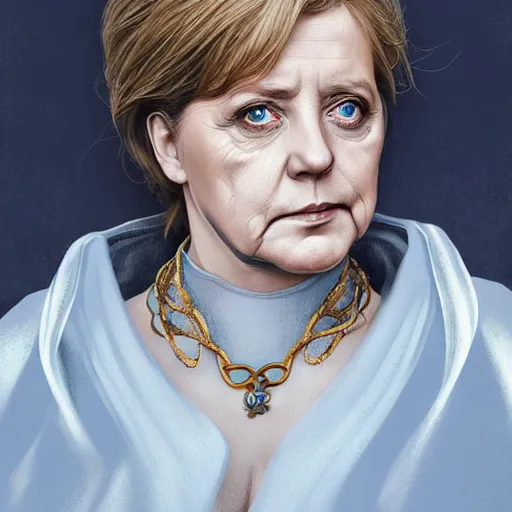 Image similar to Portrait of Angela Merkel with beard, D&D, blue eyes, face, dark fantasy, intricate, elegant, highly detailed, digital painting, artstation, concept art, smooth, sharp focus, illustration, art by artgerm and greg rutkowski and alphonse mucha