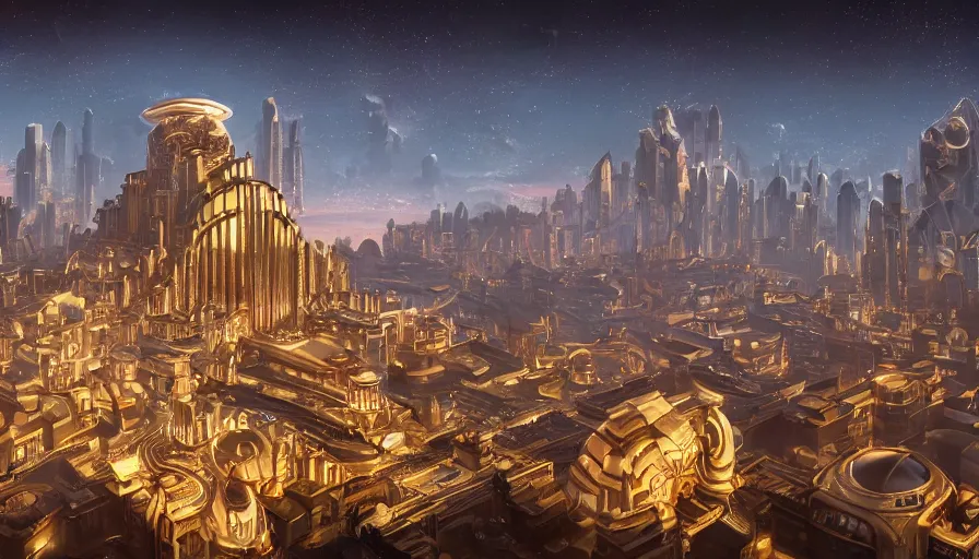 Prompt: marvellous dwarven city with retrofuturist artdeco architecture during golden hour, ultradetailed, intricate, glorious lighting, dark sky, stars, masterwork coposition, cgsociety, strong presense