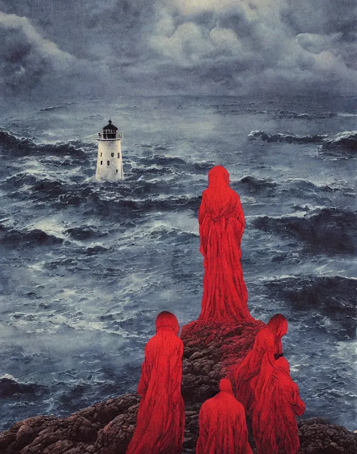 Image similar to worshippers in red robes belonging to the cult of the lighthouse on the rocky shore right in front of the lighthouse, high detailed beksinski painting, part by adrian ghenie and gerhard richter. art by takato yamamoto. masterpiece, deep colours, blue