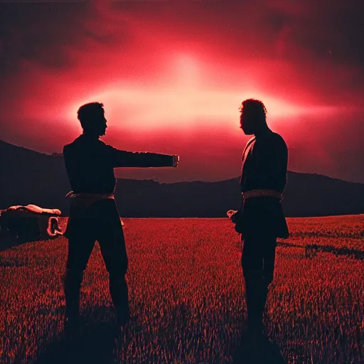 Prompt: cinematic still of silhouettes of two men fighting in ancient clothing, farm field background, red hues, lightning, directed by Russell Mulcahy