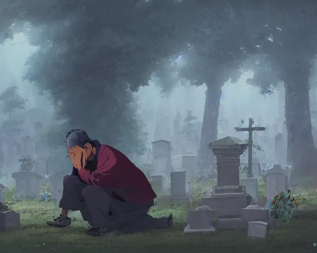 Image similar to a 50 year old brunnete chinese man kneeling over a grave in a cemetery, horror scene, dramatic, anime art, Greg Rutkowski, studio ghibli, dramatic lighting