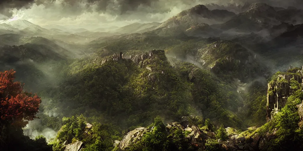 Prompt: appalachian mountain landscape, matte painting by andreas franke