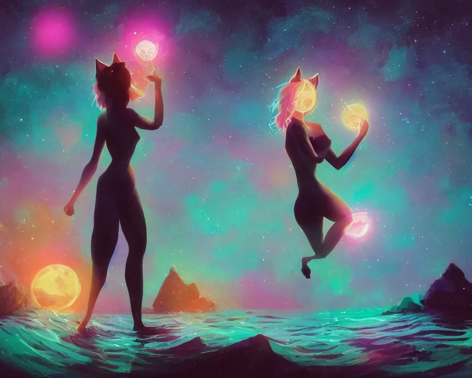 Prompt: beautiful whimsical cat girl standing in a lake basking in the moonlight, using magic, under a multi-colored binary blackhole with an accretion disc, glowing trails following her arms, wearing professional makeup, acidwave, by Lois van Baarle, by Greg Rutkowski, by artgerm, by beeple, by studio ghibli, cinematic angle, volumetric lighting, 4k resolution, octane render, trending on artstation, masterpiece