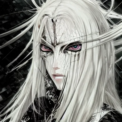 Image similar to Yoshitaka Amano realistic illustration of an anime girl with wavy white hair, black eyes and cracks on her face wearing Elden ring armour with the cape fluttering in the wind, abstract black and white patterns on the background, noisy film grain effect, highly detailed, Renaissance oil painting, weird portrait angle