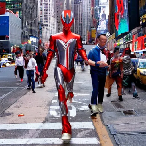 Image similar to ultraman walking on new york street!