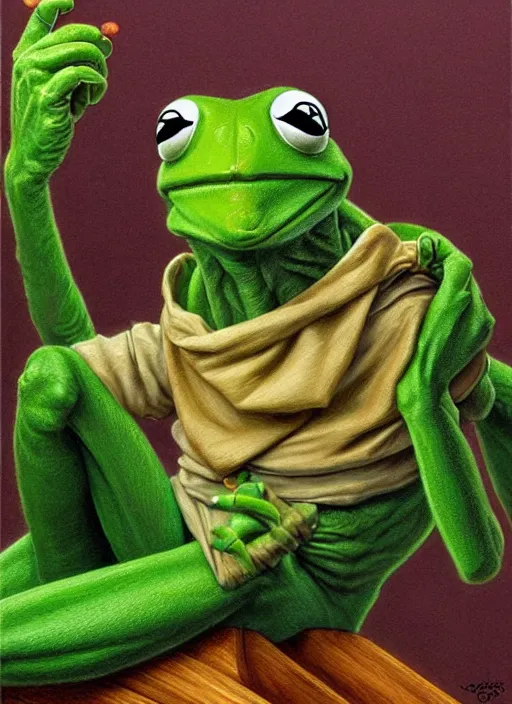 Image similar to portrait of Kermit the frog from Society (1989), intricate, highly detailed, centered, digital painting, artstation, concept art, smooth, sharp focus, illustration, artgerm, donato giancola, Joseph Christian Leyendecker, WLOP, Artgerm