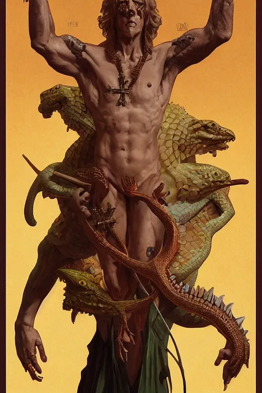 Prompt: fullbody!! dynamic action pose, christ with the head of a scaly cold blooded reptilian lizard holding a holy cross in his claws, intricate, elegant, highly detailed, digital painting, artstation, concept art, smooth, sharp focus, illustration, art by artgerm and greg rutkowski and alphonse mucha