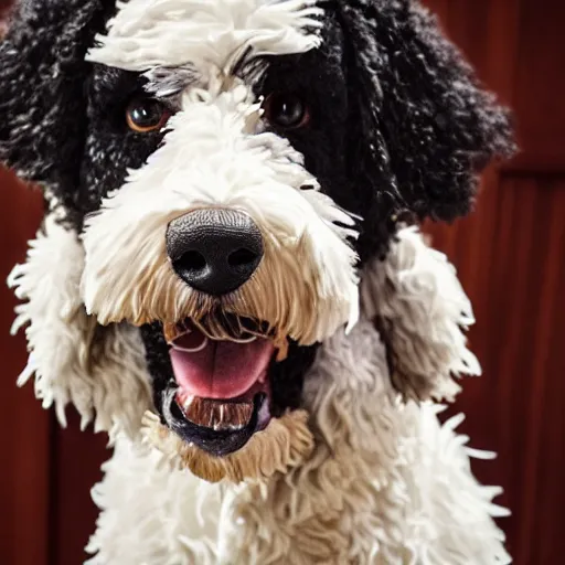 Image similar to a closeup photorealistic photograph of a smiling knitted bernedoodle judge dog dressed in a black gown, presiding over the courthouse. indoors, professional capture, well lit shot. this 4 k hd image is trending on artstation, featured on behance, well - rendered, extra crisp, features intricate detail, epic composition and the style of unreal engine.