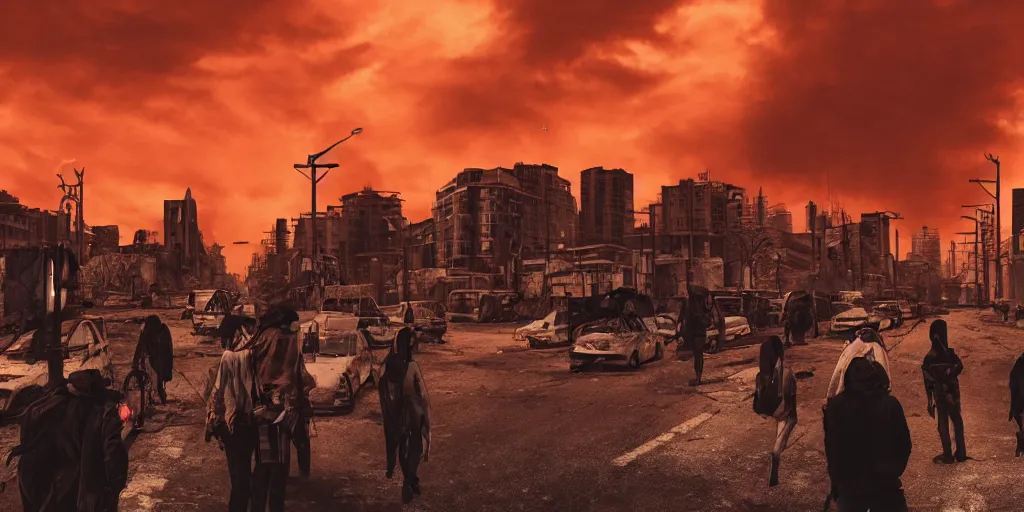 Prompt: post apocalyptic city with burning red sky with people on the streets