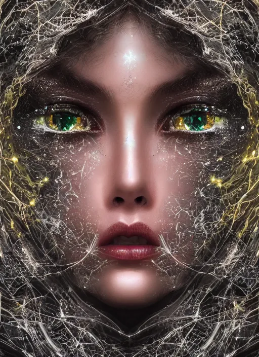 Image similar to double exposure effect, glowing silver and golden elements, full close-up portrait, realistic female model from shutterstock as a dark witch, book cover, green forest, white moon, red lips, establishing shot, extremly high detail, photo-realistic, cinematic lighting, pen and ink, intricate line drawings, by Yoshitaka Amano, Ruan Jia, Kentaro Miura, Artgerm, post processed, concept art, artstation, matte painting, style by eddie, raphael lacoste, alex ross