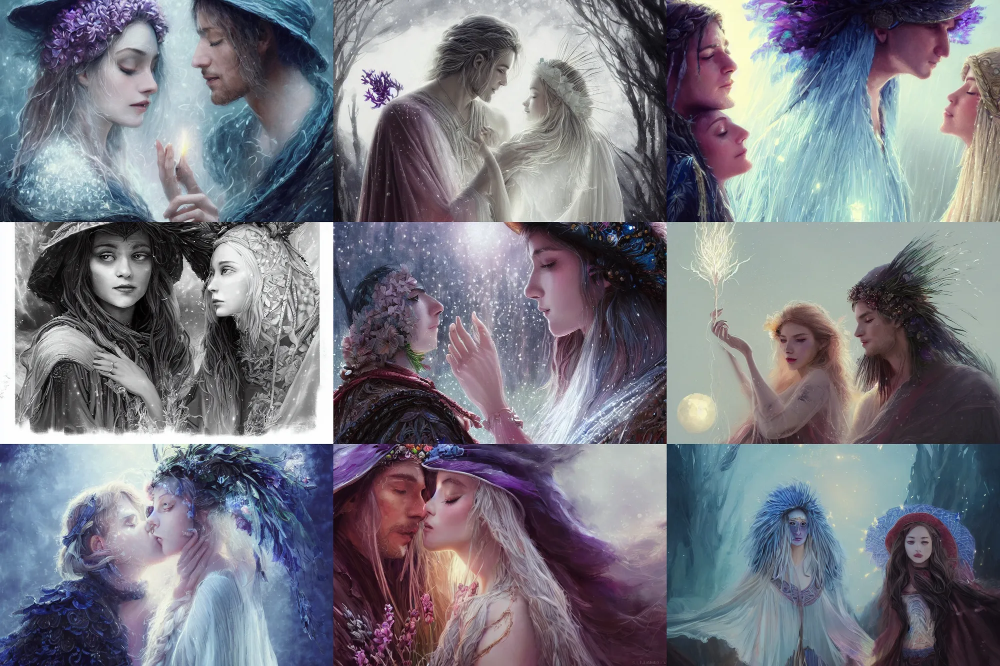 Prompt: a cinematic beautiful closeup moment of man and woman moon magician lovers saying goodbye wearing boho poncho and sunhat with hyacinths casting lightening spells, Frozen II Klaus film, fantasy, intricate, elegant, highly detailed, digital painting, artstation, concept art, smooth, sharp focus, illustration, art masterpiece by art by Krenz Cushart and Artem Demura and alphonse mucha, ArtGerm, Jon Lothian, Danilo Torres, Adi Meyers, Thomas Reimann, Gaston Bussiere