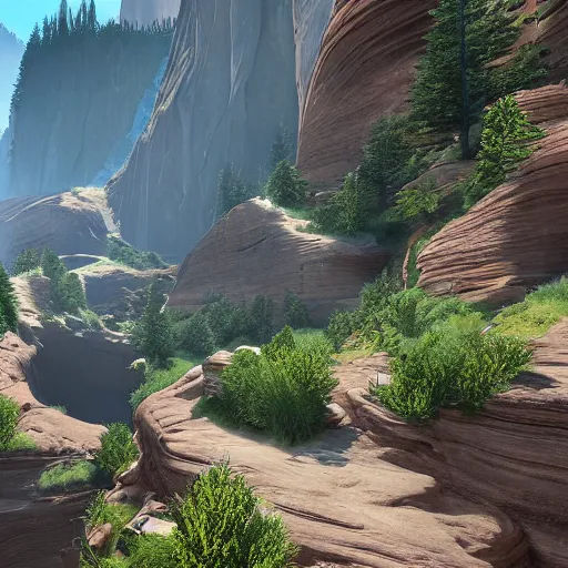 Image similar to pathway canyon in between mountains, unreal engine, high detail, realism, award winning, detailed lighting