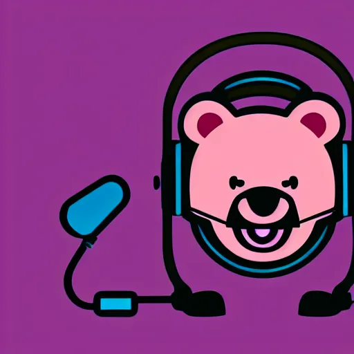 Image similar to iconic vector logo of cute cuddly pink bear with a podcast microphone, melodic, headphones, music, streaming, dreamy, isometric, adorable, octane render, golden ratio, 4k UHD, iconic design