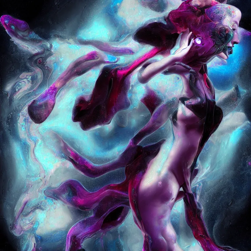 Prompt: a digital painting of a technomancer woman attached by love, floating into a dark void. surrounded by synthesized ai djinn hologram, an ultrafine detailed painting by alberto seveso, a silk screen by julian schnabel, featured on deviantart, modern european ink painting, photoillustration, impressionism, biomorphic, behance hd, lovecraftian