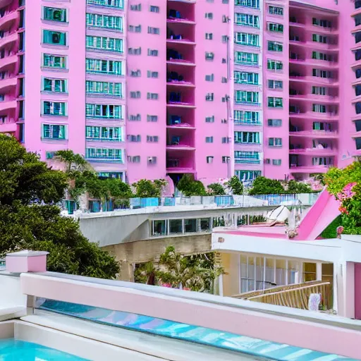 Prompt: a ultra high definition pastel coloured photographic print from a holiday photo album. the photo is a medium frame, 5 0 mm depicting the interior of an expensive alien hotel balcony, furniture and view. the interior was designed by wes anderson. iridescent transparent glass, pink concrete, foam. 8 k. architectural. interior. no artefacts. highly detailed.