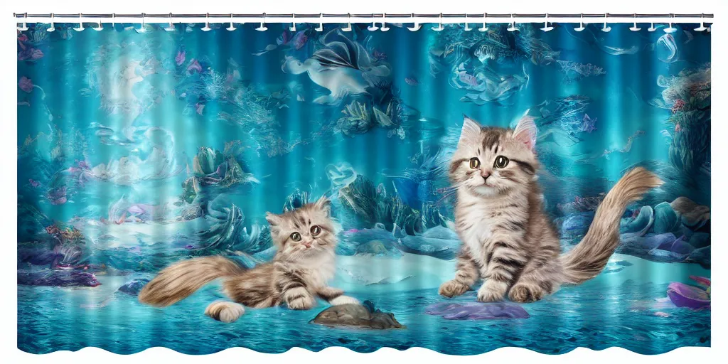 Image similar to a main coon kitten little mermaid themed shower curtain, product photography. digital art. 4 k, highly detailed.