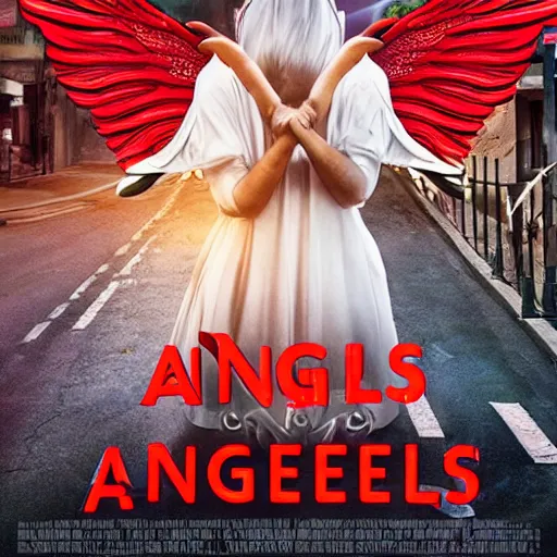 Image similar to angels protecting crowds of people in the street, movie poster style