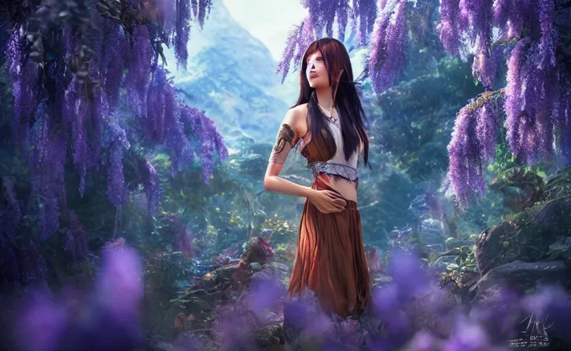 Image similar to beautiful Himalayan woman, sci-fi tibetan fashion, brown hair, somber, scene of a summer forest with glowing blue wisteria, dramatic light, wide angle, dramatic pose, dramatic angle , 8k hdr pixiv by Makoto Shinkai and Wojtek Fus