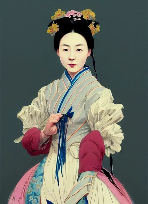 Image similar to a portrait of a young chinese woman in victorian clothing, confident pose, intricate, elegant, sharp focus, illustration, highly detailed, concept art, matte, trending on artstation, anime, art by james jean and artgerm and brian despain and alberto mielgo, greg rutkowski, wlop, ilya kuvshinov, strong strokes