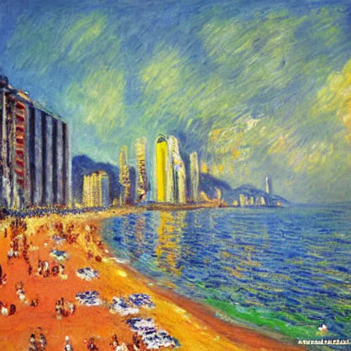 Image similar to cyberpunk rio de janeiro copacabana beach painted by monet