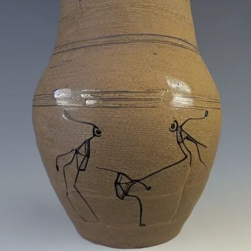 Image similar to an ancient alien ceramic vase with minimalist drawings and designs of women dancing with bats flying around their heads. old salem witch pottery.