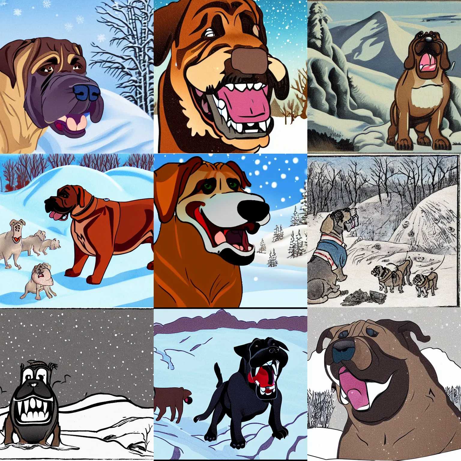 Prompt: cartoon of angry mastiff salivating and showing teeth in winter landscape
