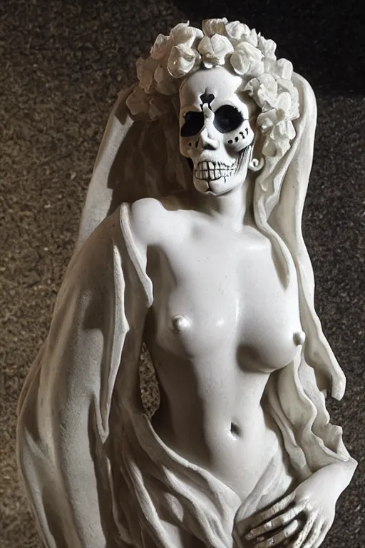 Prompt: La catrina statue sculpted on marble by Bernini