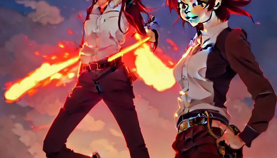 Image similar to makoto shinkai, artgerm, ilya kuvshinov, steampunk beautiful anime woman, red shirt brown pants, black and red hair hair, symmetrical face, symmetrical eyes, second anime woman with orange hair and black pants, action scene, shooting fire war, detailed, summer setting, cinematic lighting