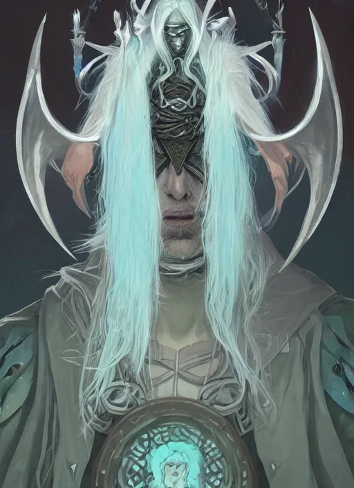 Image similar to Portrait of hexblade warlock aasimar, teal magic electricity, male, silver shaggy hair, short scruffy beard, cloak, white eyes, fantasy, extremely detailed, digital painting, artstation, concept art, smooth, sharp focus, illustration, stunning lighting, art by artgerm and greg rutkowski and alphonse mucha and simon stalenhag, realistic character concept, high fantasy, light atmosphere, golden ratio, cinematic lighting, hyperdetailed, high resolution, insanely detailed and intricate, artstation, Marc Simonetti, Greg Rutkowski