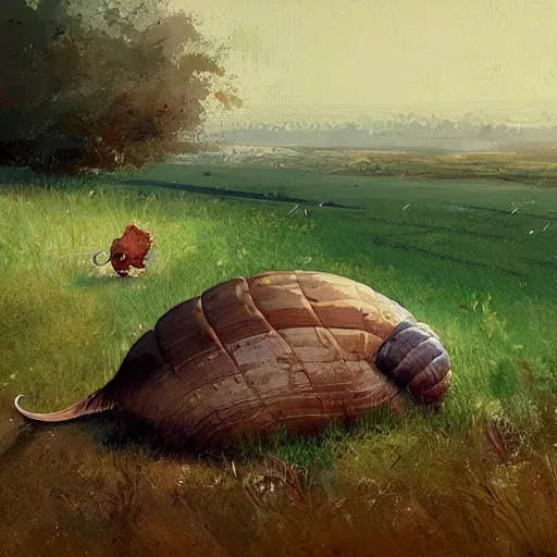 Prompt: tiny mouse riding a large snail across a field, painting by ismail inceoglu,