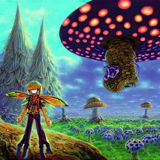 Image similar to anime 4 k headshot portrait of a psychedelic demonic anthropomorphic insect knight with mushroom themed clothes, magic mushroom village in background by jeff easley, award winning, stylized neon, post - processing, masterpiece, superb resolution. in the art style of junji ito and greg rutkowski. detailed mushroom city in background. hyper realistic anime. perfect art. dalle 2