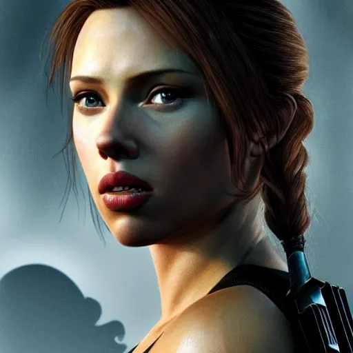 Prompt: Scarlet Johansson as Lara Croft highly detailed headshot Portrait.