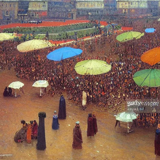 Image similar to dagomey officials with flat colorful umbrellas in ahomey's huge main square, from above, 1905, highly detailed, oil on canvas, by ilya repin
