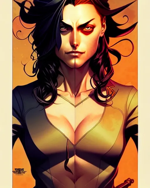 Image similar to artgerm, joshua middleton comic cover art, pretty pirate phoebe tonkin smiling, full body, symmetrical eyes, symmetrical face, long curly black hair, on a pirate ship background, warm colors