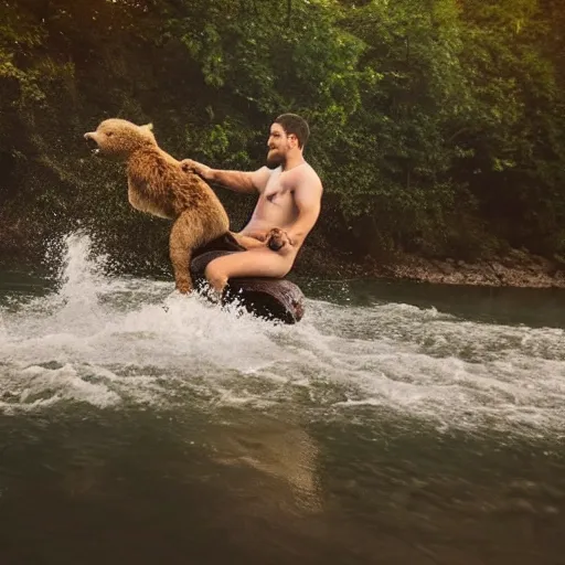 Prompt: high quality photograph of volodimir zelenski riding a bear across a river, golden hour