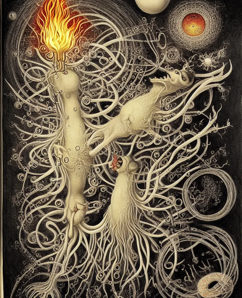 Image similar to whimsical freaky creature sings a unique canto about'as above so below'being ignited by the spirit of haeckel and robert fludd, breakthrough is iminent, glory be to the magic within, painted by ronny khalil