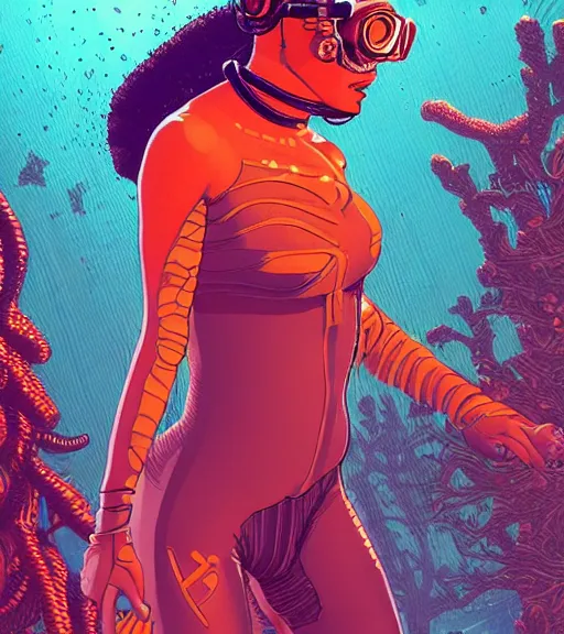 Image similar to a cyberpunk diver Polynesian woman swims through a dark bioluminescent alien coral reef, techwear, Industrial Scifi, detailed illustration, character portrait, by Martin Grip and Moebius