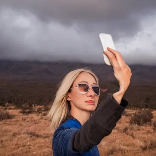 Image similar to woman takes a selfie during the end of the world