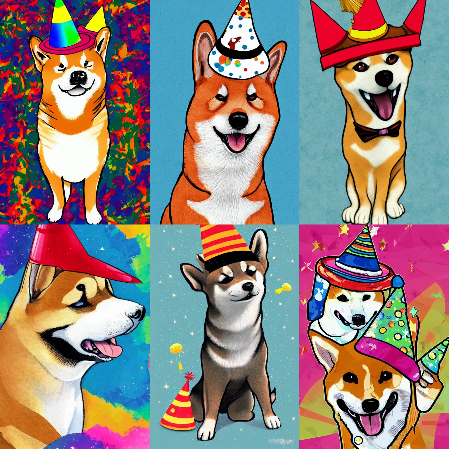 Prompt: Shiba Inu illustration wearing a party hats, Derp, in the style of a jimmy hendrix poster