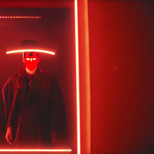 Prompt: cinematic portrait of a runaway replicant with tribal facepaint and a red translucent plastic raincoat in an empty room, still from the movie bladerunner, fashion photography, a neon sign is in the background