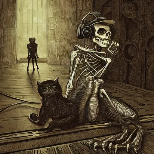 Image similar to skeleton wearing headphones, watching girl playing guitar while her black cat standing next to her, detailed intricate ink illustration, dark atmosphere, detailed illustration, hd, 4k, digital art, overdetailed art, by greg rutkowski, by loish, complementing colors, Trending on artstation