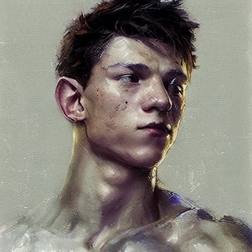 Image similar to muscular tom holland by ruan jia, portrait