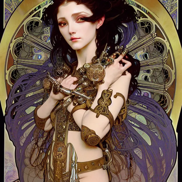 Prompt: realistic detailed face portrait of a beautiful futuristic priestess in alien mythic armor and opulent clothing by alphonse mucha, ayami kojima, amano, greg hildebrandt, and mark brooks, female, feminine, art nouveau, aetherpunk, neo - gothic, gothic, character concept design